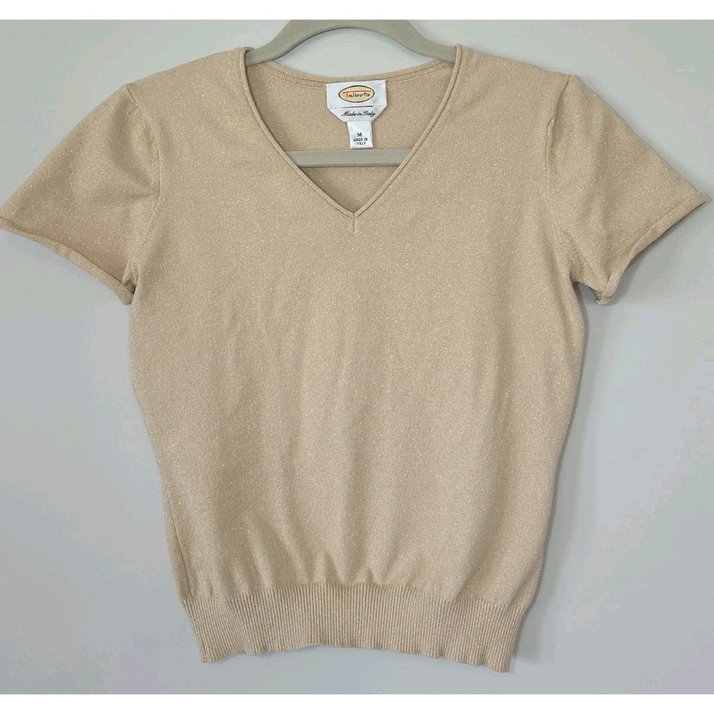 Talbots Womens Short Sleeve Sweater Tan Gold Metallic Blouse Top Size Medium